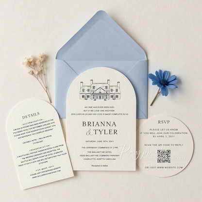 Arched Letterpress Wedding Invitations with Venue Sketch
