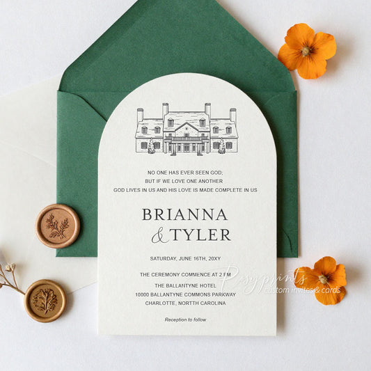 Arched Letterpress Wedding Invitations with Venue Sketch