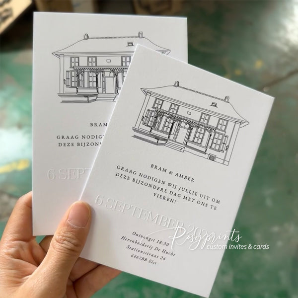 custom letterpress wedding invitations with venue sketch