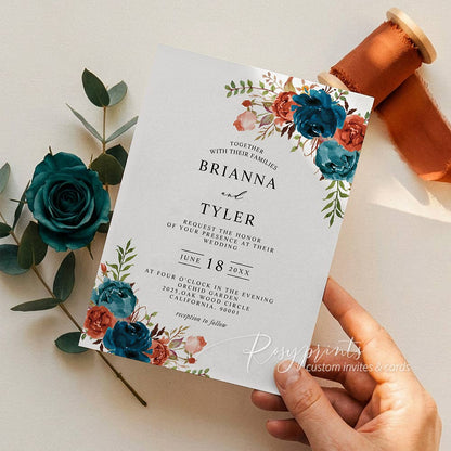 dark teal blue floral vellum wedding invitations with burnt orange envelopes