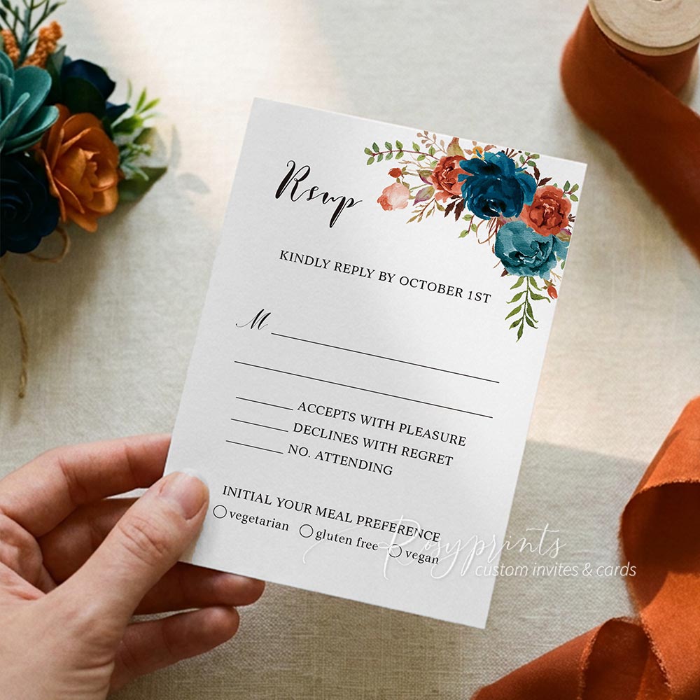 dark teal blue floral vellum wedding invitations with burnt orange envelopes