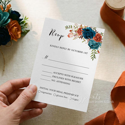 dark teal blue floral vellum wedding invitations with burnt orange envelopes