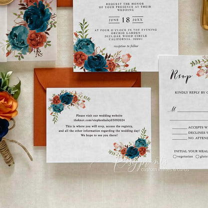 dark teal blue floral vellum wedding invitations with burnt range envelopes