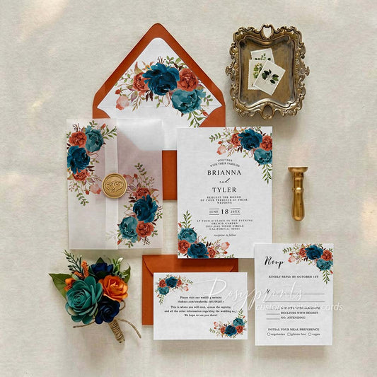 dark teal blue floral vellum wedding invitations with burnt orange envelopes