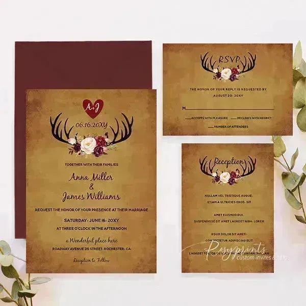 dear antler rustic flowers western style wedding invitations RPS37 - Rosy Prints