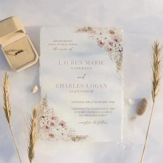 boho dusty rose deckled edge wedding invitations ROSYD03 - Rosy Prints
