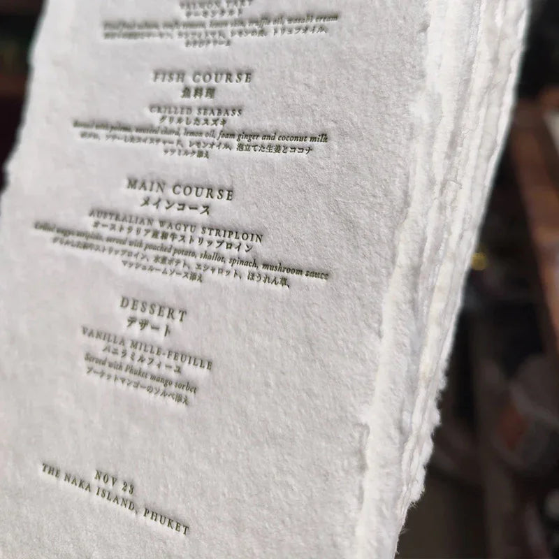 deckled edge letterpress wedding menu handmade paper 