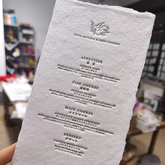 deckled edge letterpress wedding menu handmade paper 