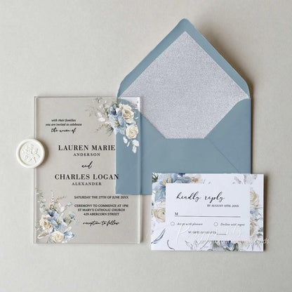 winter dusty blue and beige acrylic wedding invitations ROSYA34