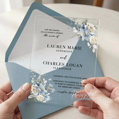 winter dusty blue and beige acrylic wedding invitations ROSYA34