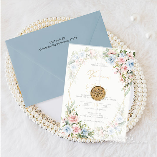 rustic dusty blue dusty rose vellum floral wedding invitations