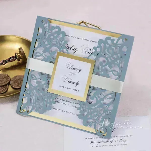 inviting dusty blue wedding invitations with gold liners ROSYG25 - Rosy Prints