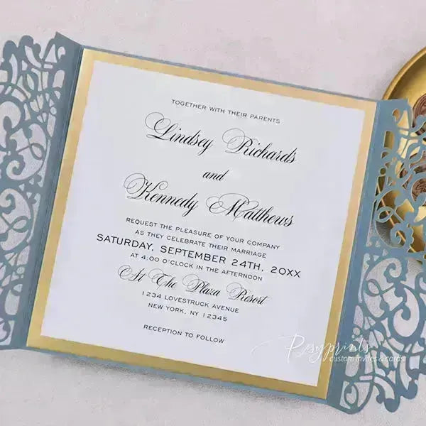 inviting dusty blue wedding invitations with gold liners ROSYG25 - Rosy Prints