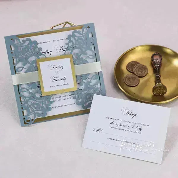 inviting dusty blue wedding invitations with gold liners ROSYG25 - Rosy Prints