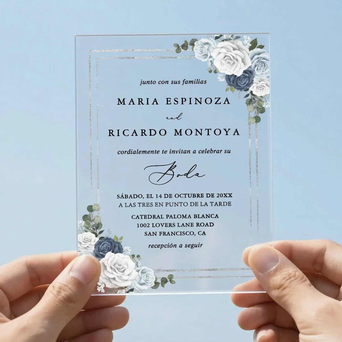 white, dusty blue and navy blue acrylic wedding invitations
