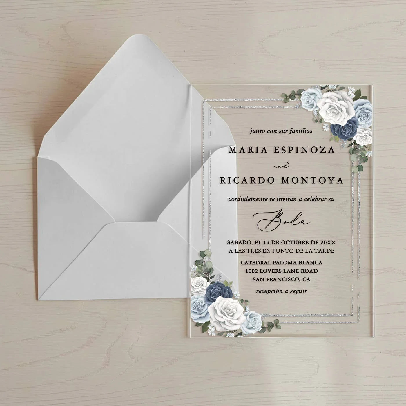 white, dusty blue and navy blue acrylic wedding invitations