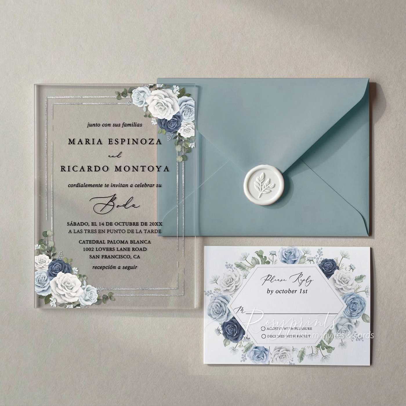 white, dusty blue and navy blue acrylic wedding invitations
