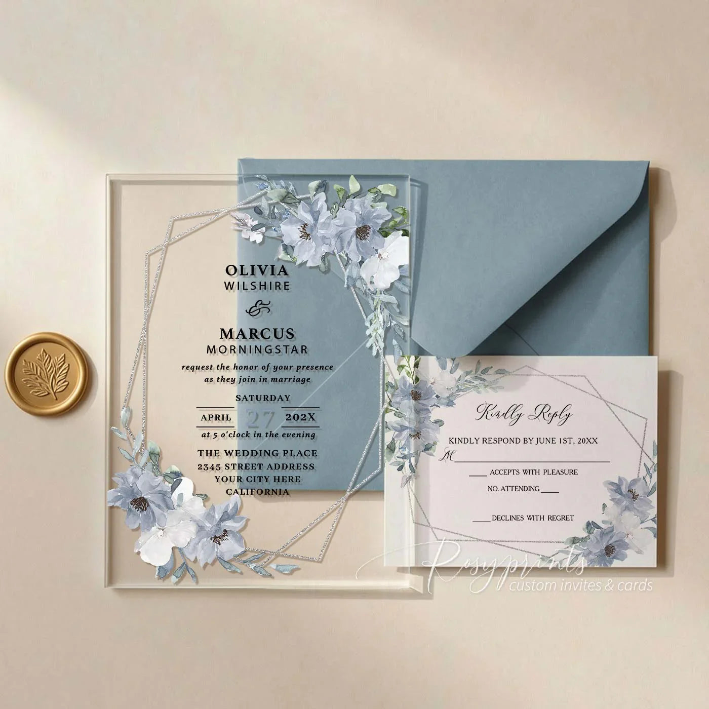 dusty blue and white floral acrylic wedding invitations