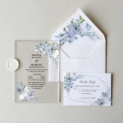 dusty blue and white floral acrylic wedding invitations