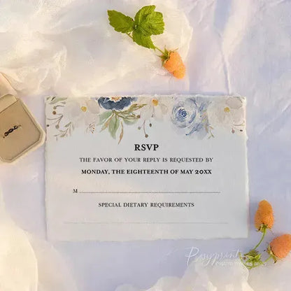 blue floral deckled edge wedding invitations ROSYD07 - Rosy Prints