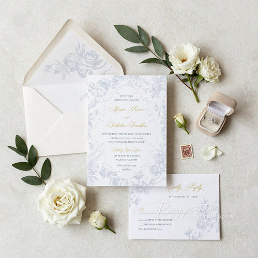 vintage embossed wedding invitations with dusty blue flower