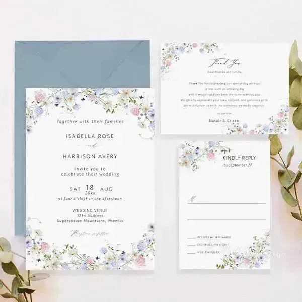 dusty blue and purple wildflower wedding invitations ROSYP02 - Rosy Prints