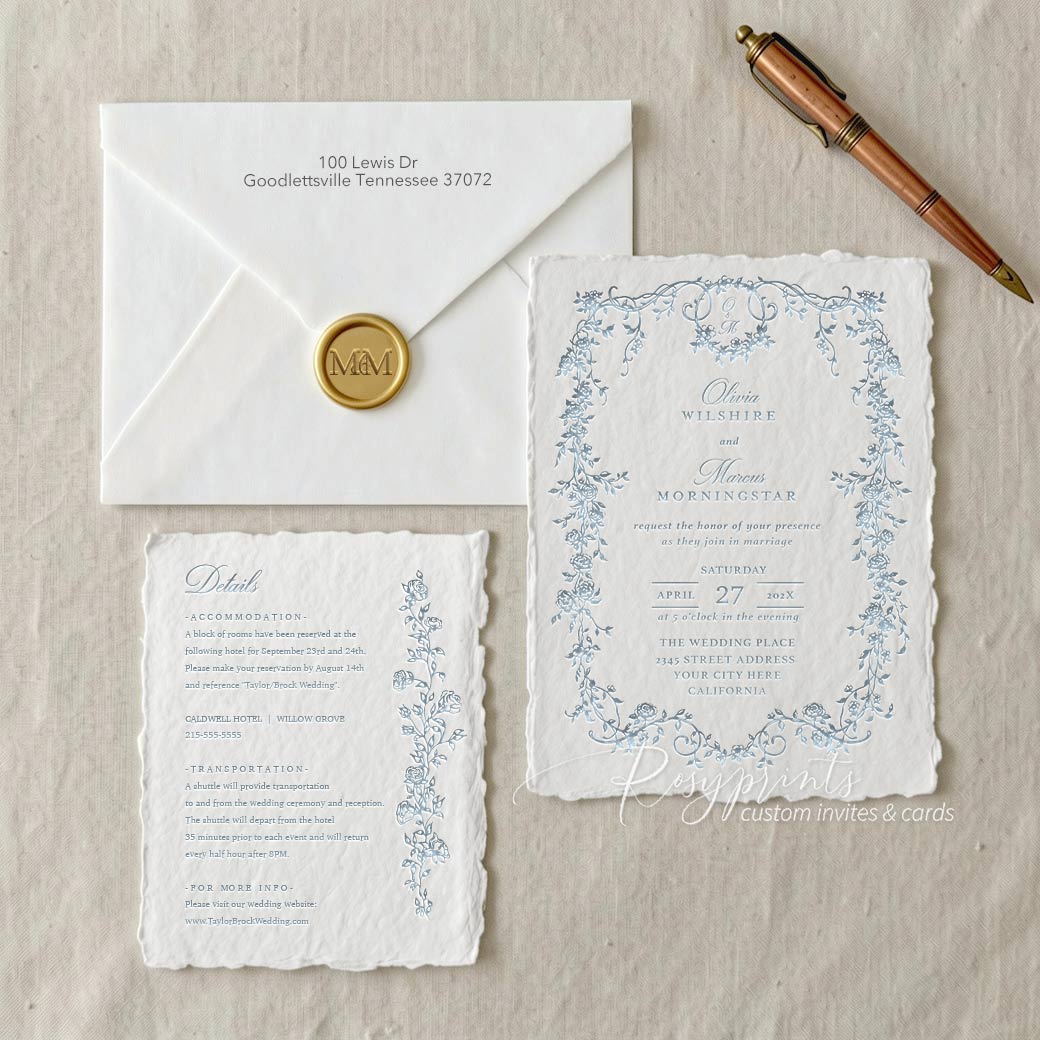 vintage blue floral twined letterpress wedding invitations