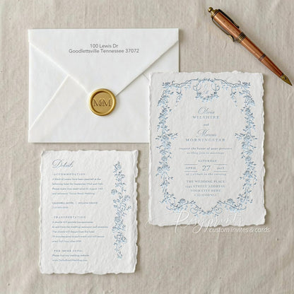 vintage blue floral twined letterpress wedding invitations