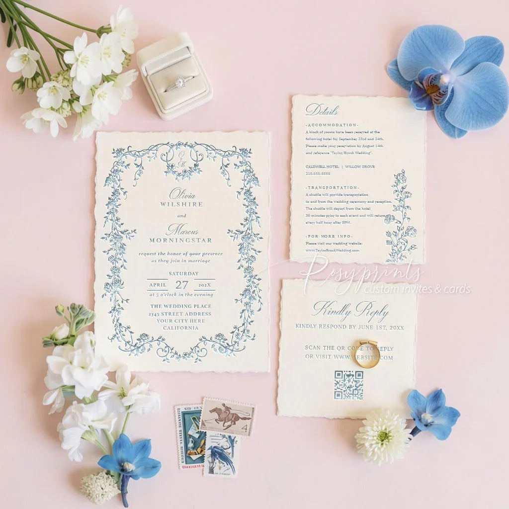 rustic twined blue floral letterpress wedding invitations