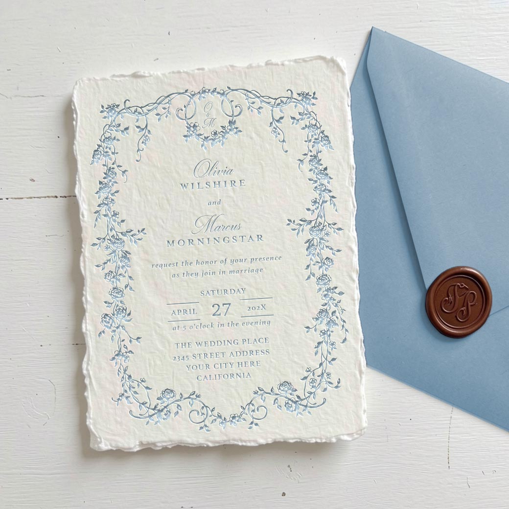 vintage blue floral twined letterpress wedding invitations