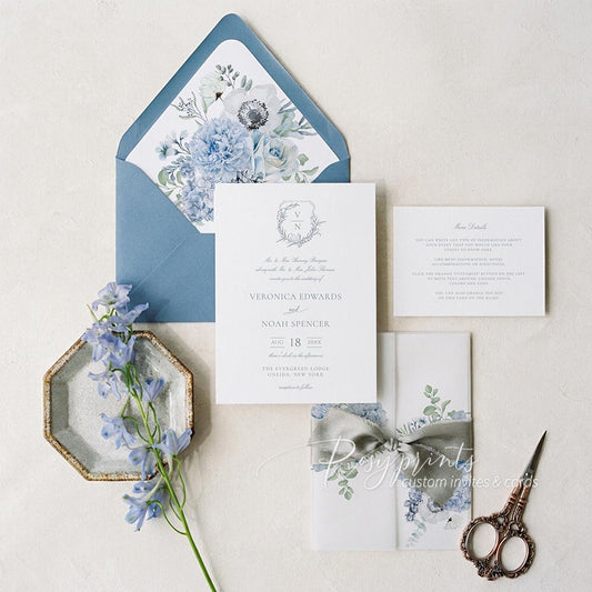 dusty blue white floral vellum wedding invitations