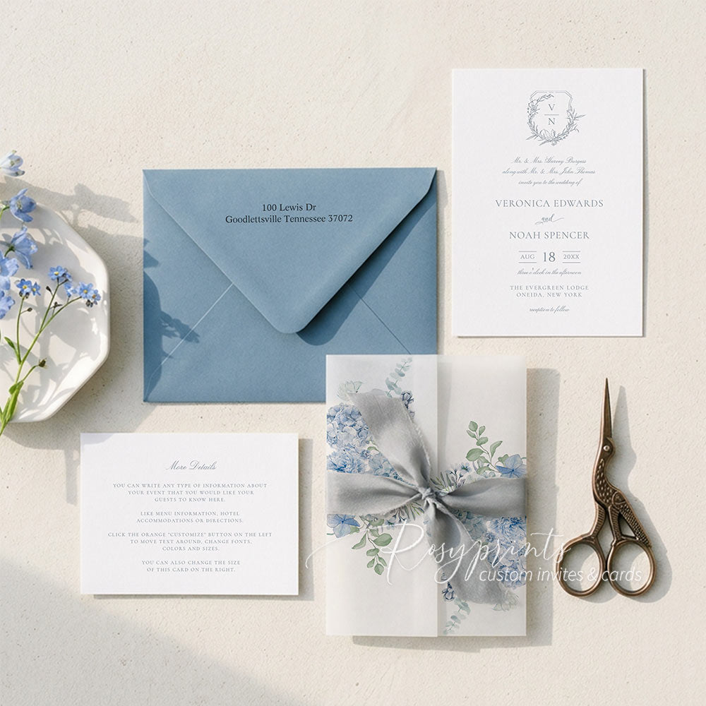 dusty blue white floral vellum wedding invitations