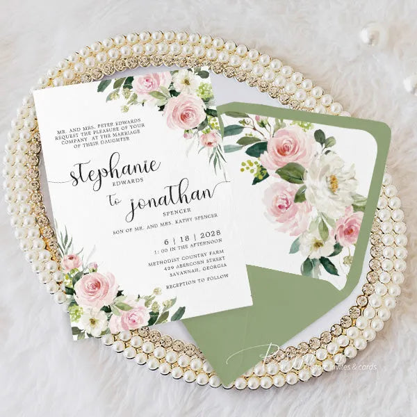 pink dusty rose flower rustic vellum wedding invitations RPV17