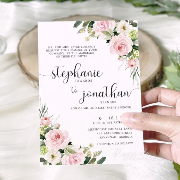 pink dusty rose flower rustic vellum wedding invitations RPV17