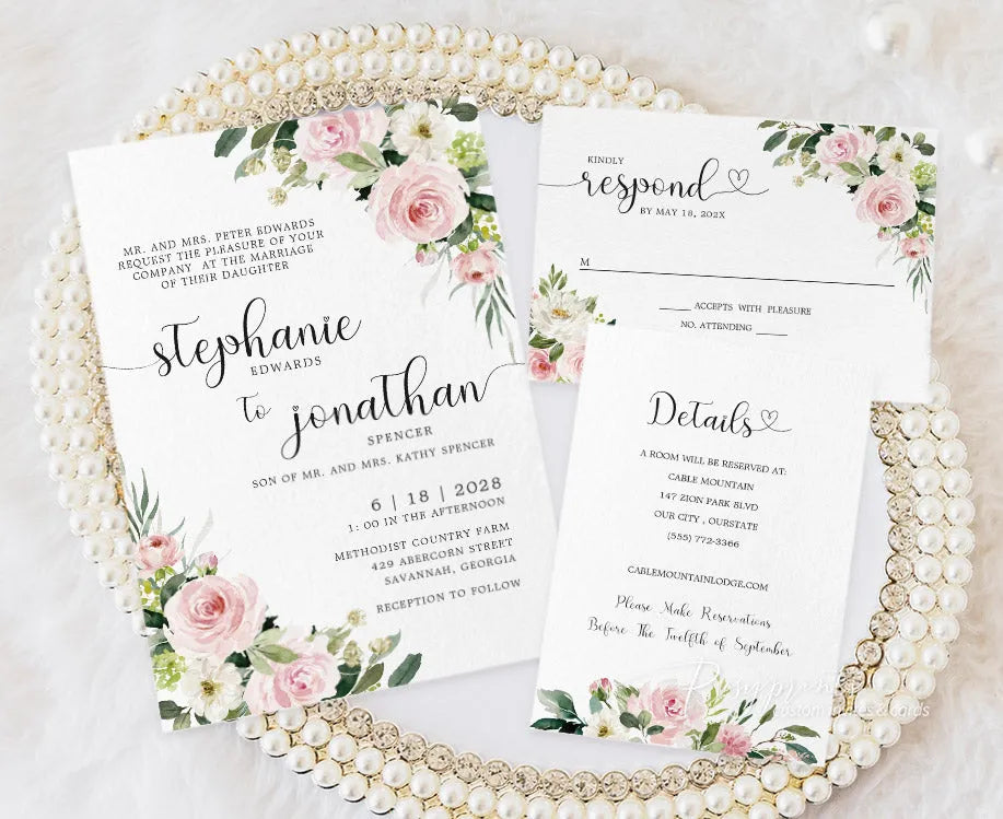 pink dusty rose flower rustic vellum wedding invitations RPV17
