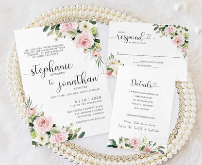 pink dusty rose flower rustic vellum wedding invitations RPV17