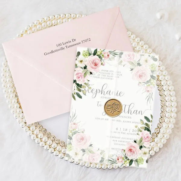 pink dusty rose flower rustic vellum wedding invitations RPV17
