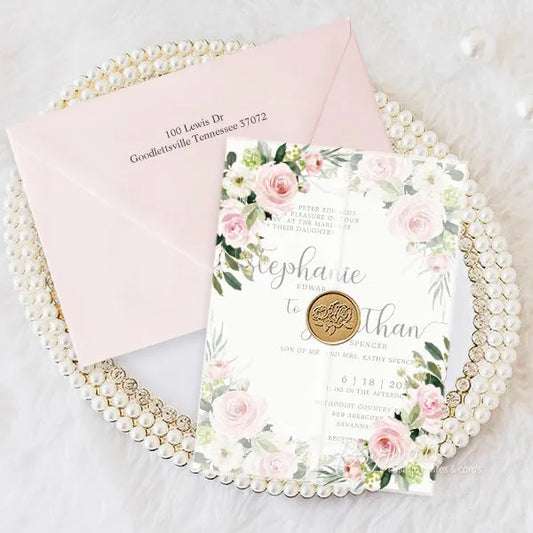 pink dusty rose flower rustic vellum wedding invitations RPV17