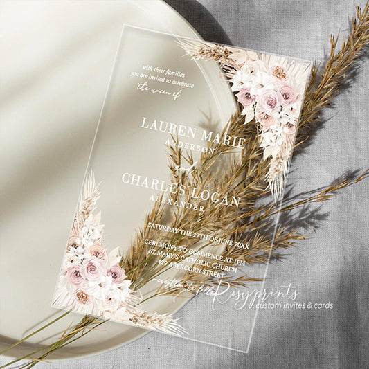 boho dusty rose flower acrylic wedding invitations