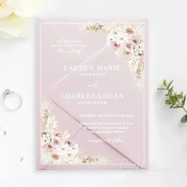boho dusty rose flower acrylic wedding invitations ROSYA04 - Rosy Prints