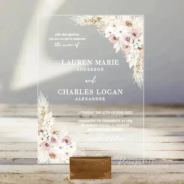boho dusty rose flower acrylic wedding invitations ROSYA04 - Rosy Prints