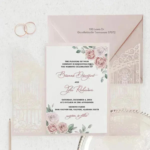 dusty rose floral pink wedding invitations ROSG04 - Rosy Prints