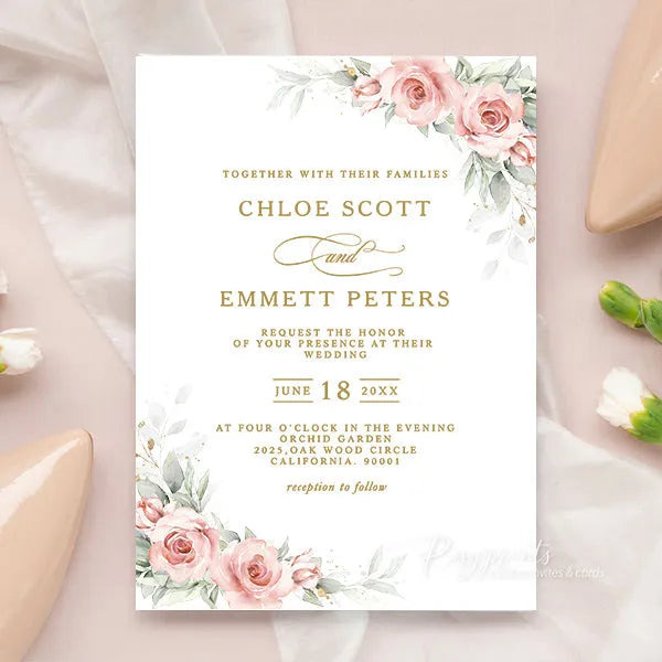dusty rose pink floral vellum wedding invitations