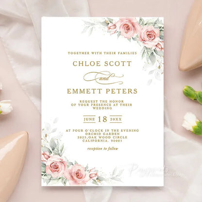 dusty rose pink floral vellum wedding invitations