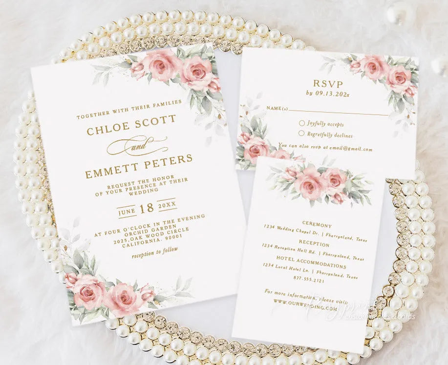 dusty rose pink floral vellum wedding invitations