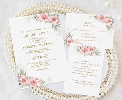 dusty rose pink floral vellum wedding invitations
