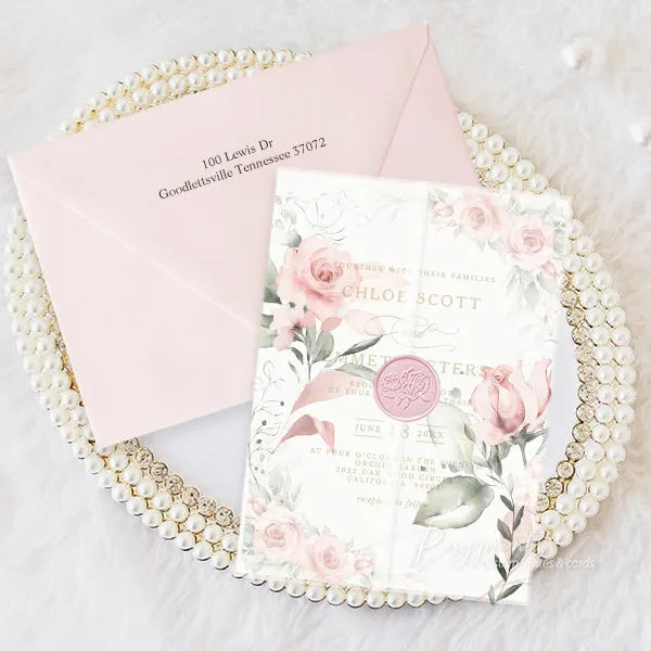 dusty rose pink floral vellum wedding invitations