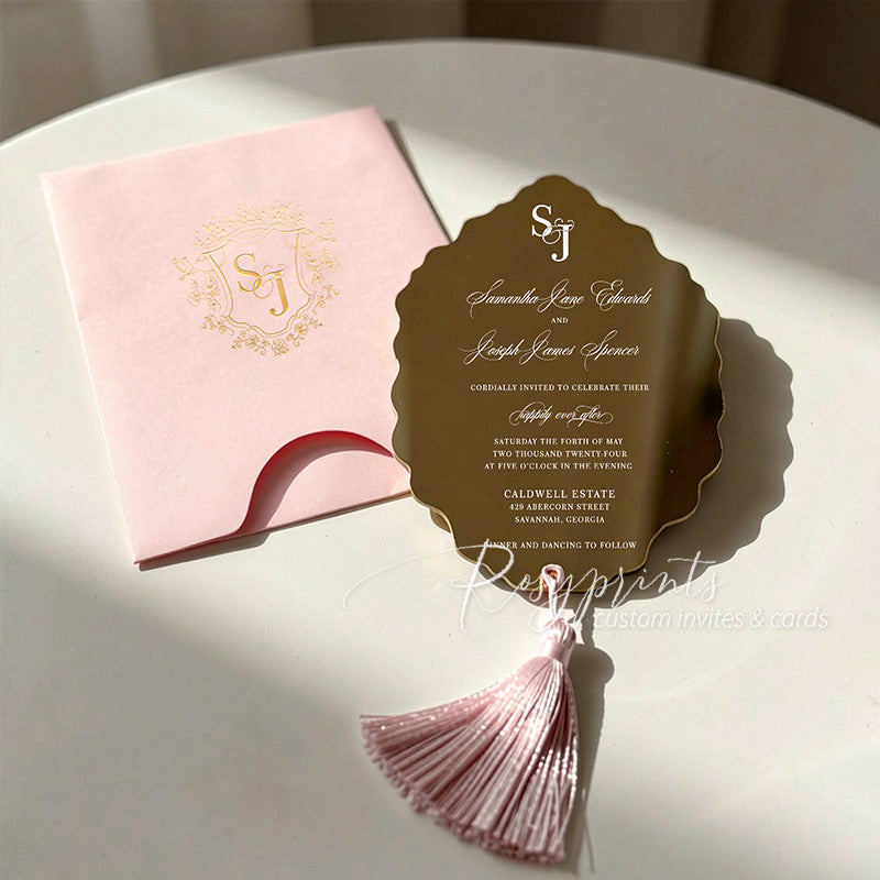 dusty pink and gold foil crest mirror acrylic wedding invitations