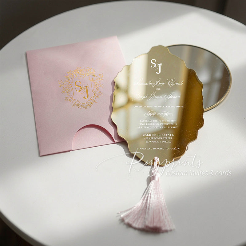 dusty pink and gold foil crest mirror acrylic wedding invitations