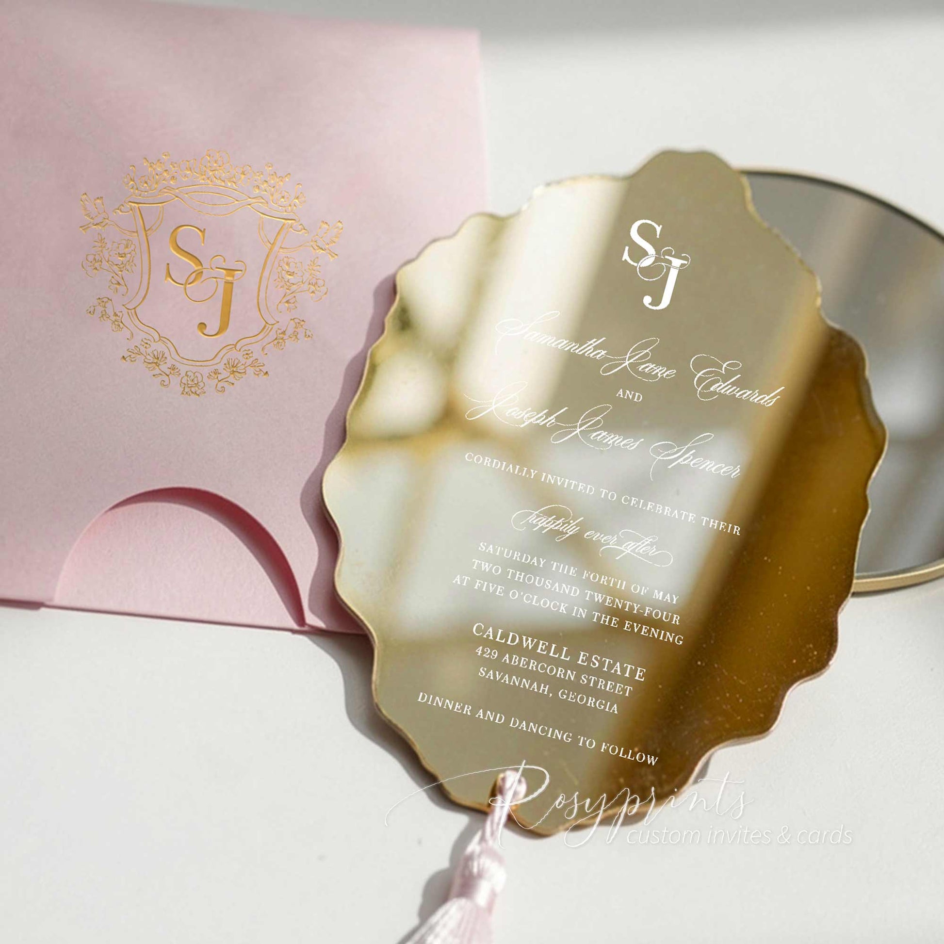 dusty pink and gold foil crest mirror acrylic wedding invitations